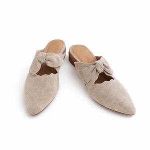 Klub Nico Suede Bow Mules Size 8 | Boho Minimalist Slip On Flats Neutral Taupe